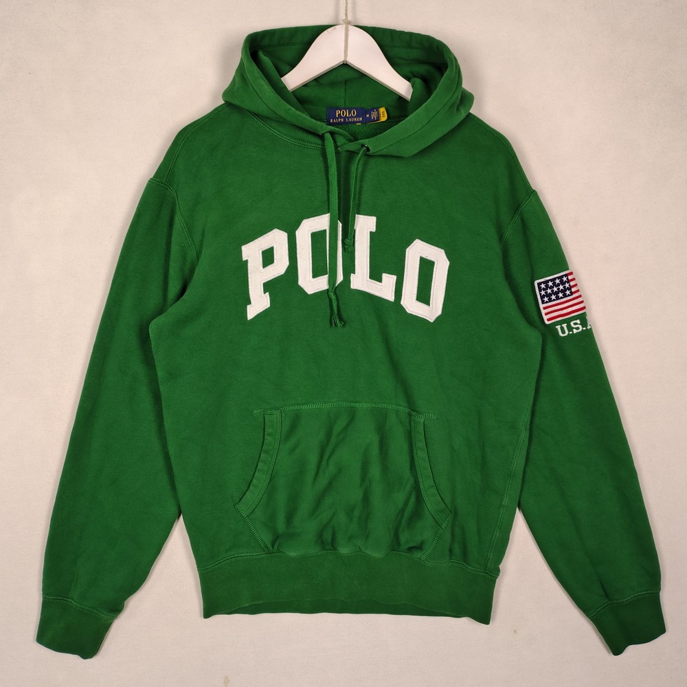 Polo Ralph Lauren Mens Green Spellout USA Flag Patch Fleece Hoodie Size M